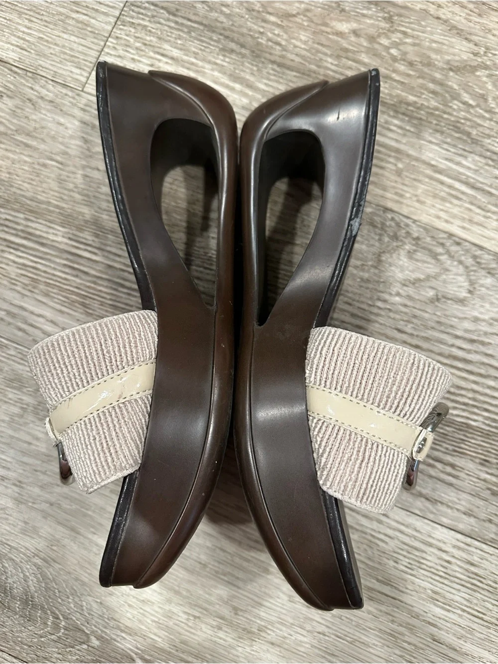 Calvin Klein Chocolate Brown and Cream Cutout Wedge Sandals
